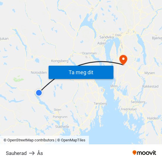 Sauherad to Ås map