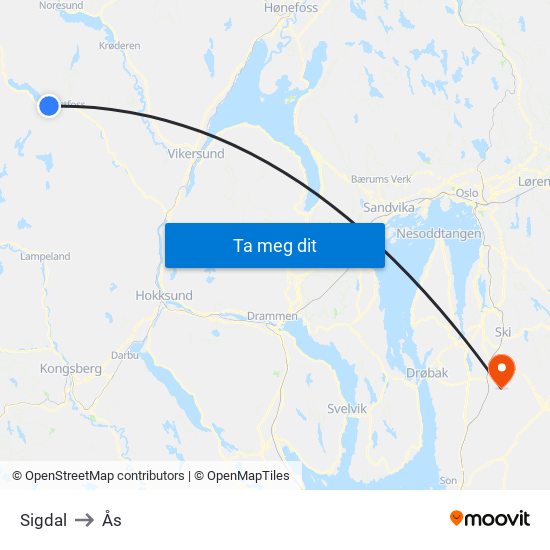 Sigdal to Ås map