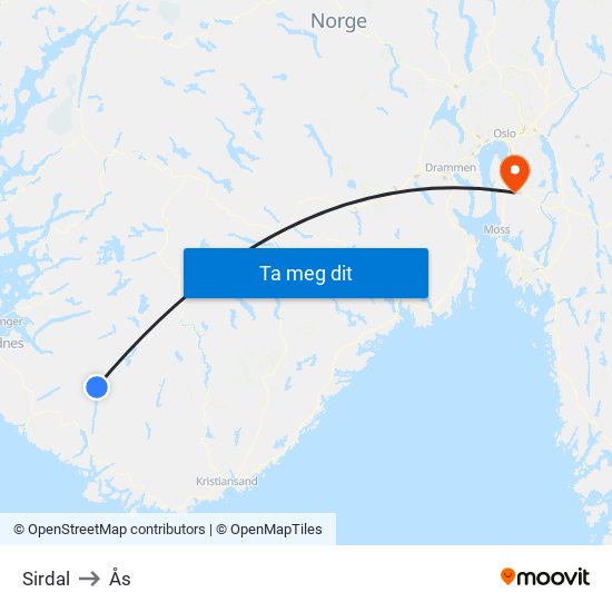 Sirdal to Ås map