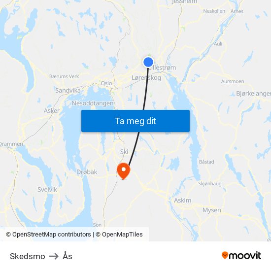 Skedsmo to Ås map