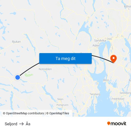 Seljord to Ås map