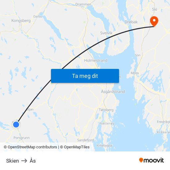 Skien to Ås map