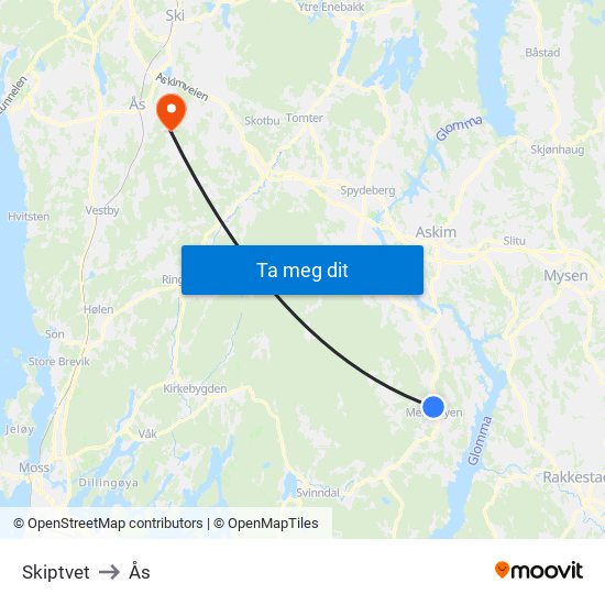 Skiptvet to Ås map