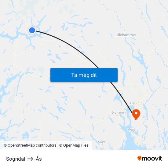 Sogndal to Ås map