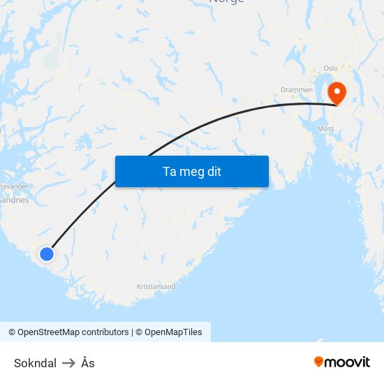 Sokndal to Ås map