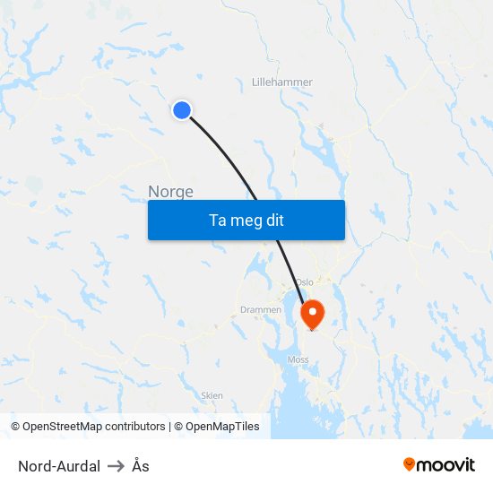 Nord-Aurdal to Ås map