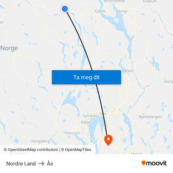 Nordre Land to Ås map