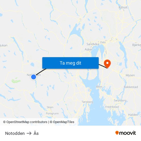Notodden to Ås map