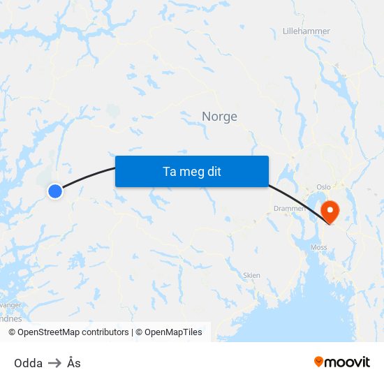 Odda to Ås map