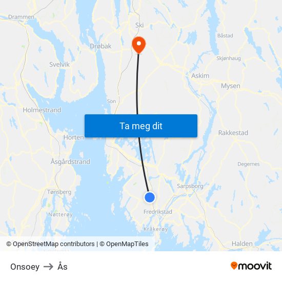 Onsoey to Ås map