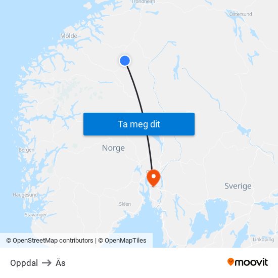 Oppdal to Ås map