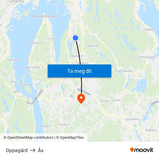 Oppegård to Ås map