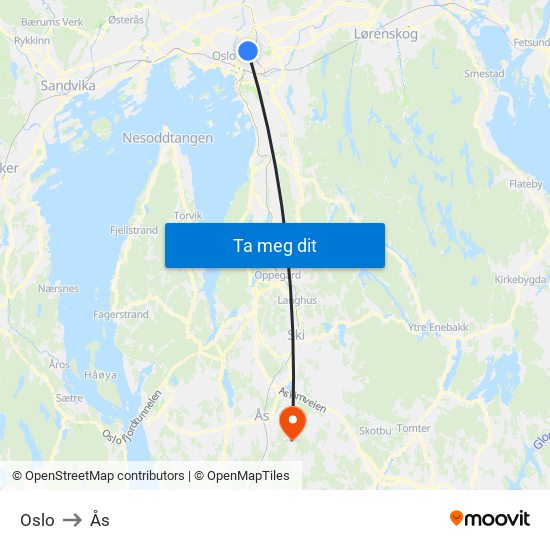 Oslo to Ås map