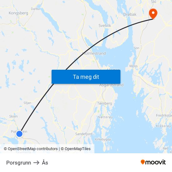 Porsgrunn to Ås map