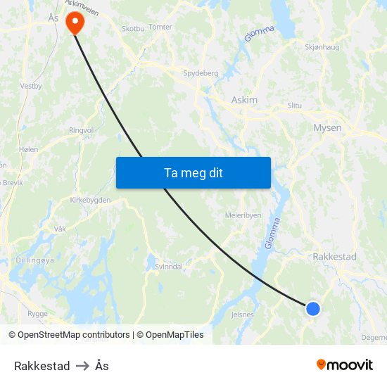 Rakkestad to Ås map