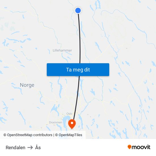 Rendalen to Ås map