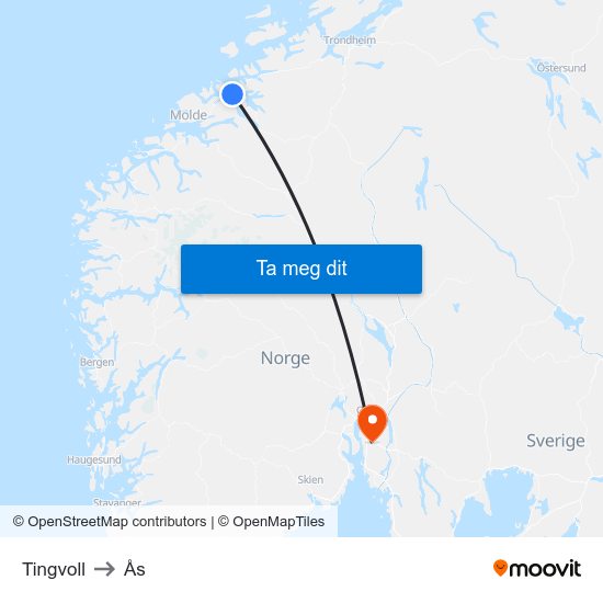 Tingvoll to Ås map