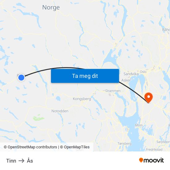 Tinn to Ås map