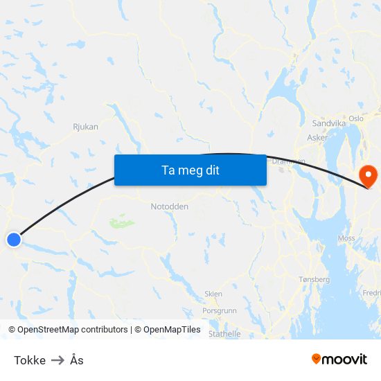 Tokke to Ås map