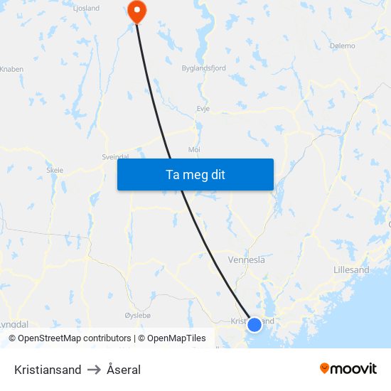 Kristiansand to Åseral map