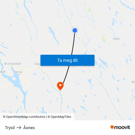 Trysil to Åsnes map