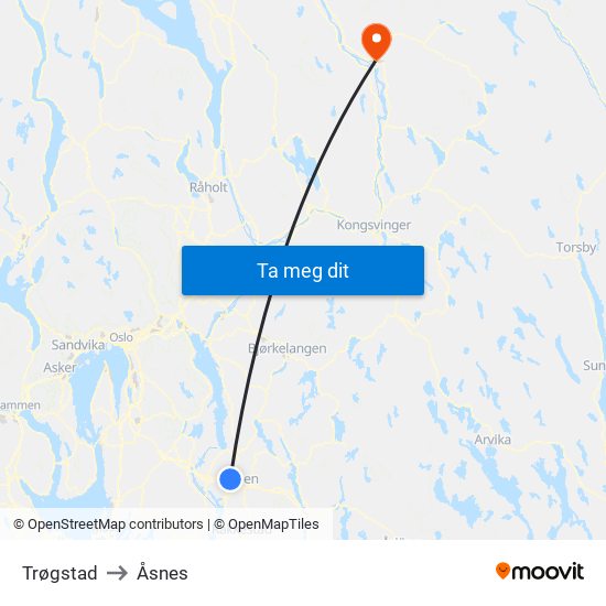 Trøgstad to Åsnes map