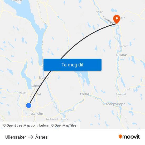 Ullensaker to Åsnes map