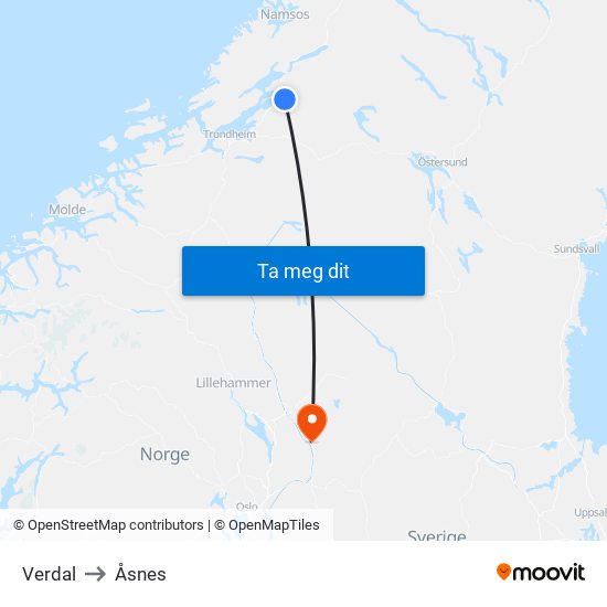 Verdal to Åsnes map