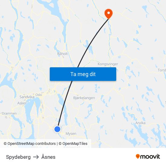 Spydeberg to Åsnes map