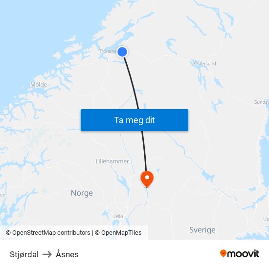 Stjørdal to Åsnes map