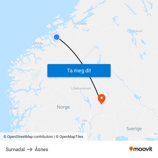 Surnadal to Åsnes map