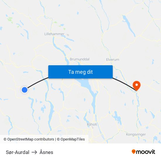 Sør-Aurdal to Åsnes map