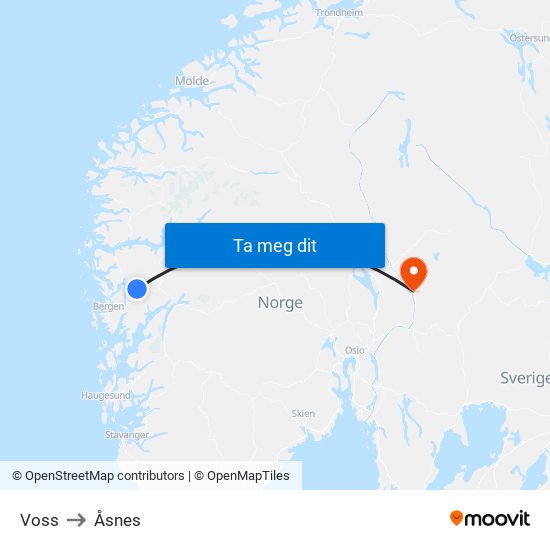 Voss to Åsnes map