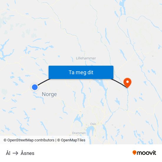 Ål to Åsnes map