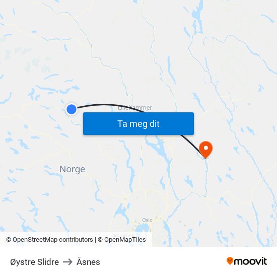 Øystre Slidre to Åsnes map