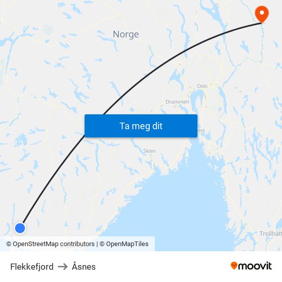 Flekkefjord to Åsnes map