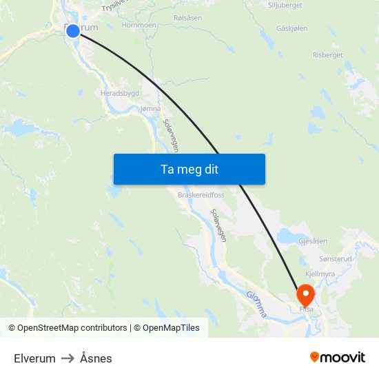 Elverum to Åsnes map