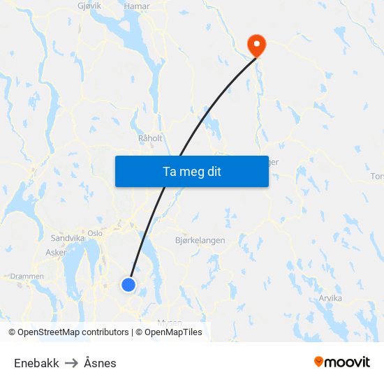 Enebakk to Åsnes map