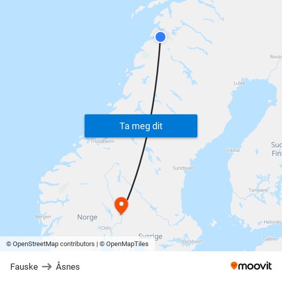 Fauske to Åsnes map