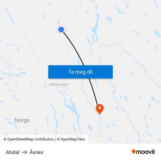 Alvdal to Åsnes map