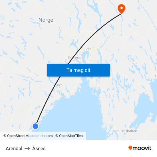 Arendal to Åsnes map