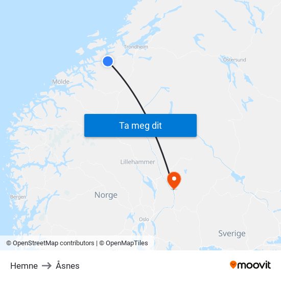 Hemne to Åsnes map