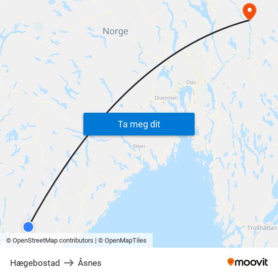 Hægebostad to Åsnes map