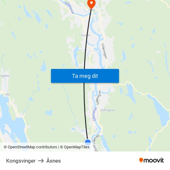Kongsvinger to Åsnes map