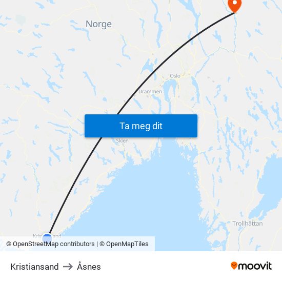 Kristiansand to Åsnes map