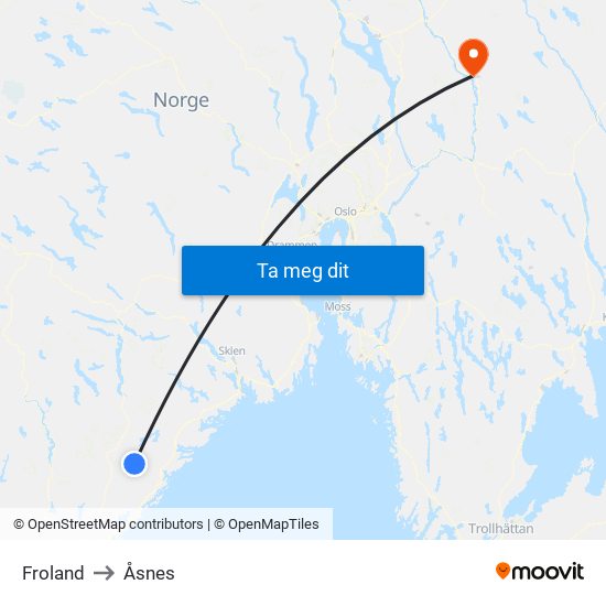 Froland to Åsnes map