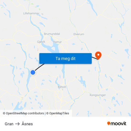 Gran to Åsnes map