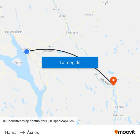 Hamar to Åsnes map