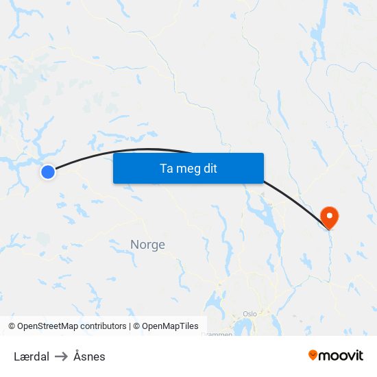 Lærdal to Åsnes map