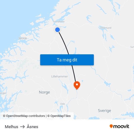 Melhus to Åsnes map